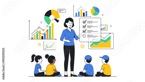Data-Driven Learning: An educator presents data visualization to a group of engaged children. This educational illustration captures the essence of how to transform data into meaningful lessons.