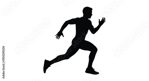 A dynamic silhouette depicts a male athlete in full sprint showcasing movement and athleticism against a white background