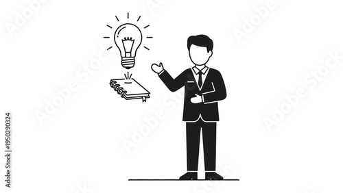 Unveiling Innovation: A silhouetted figure in a suit presents a glowing lightbulb above a stack of papers, symbolizing innovative ideas and concepts.