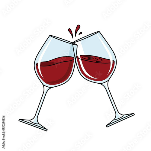 Two glasses of red wine clinking in a toast, celebration, cheers, party, romance, anniversary