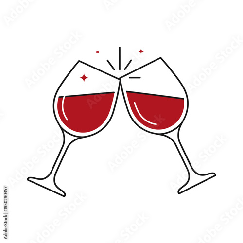 Two red wine glasses clinking for a toast, celebratory cheers with sparkling highlights