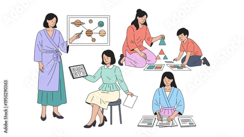 Education and Instruction: Illustrative depictions of educators in various interactive scenes, engaging in instruction and guidance to foster growth, enlightenment, and learning.