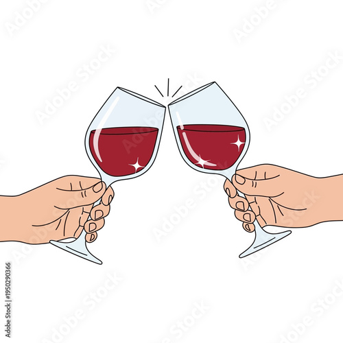 Two hands clinking red wine glasses in a toast, celebration, cheers, party, happy moment