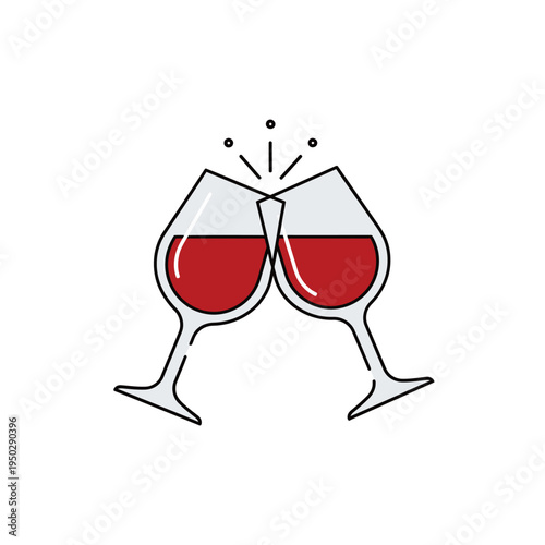 Two red wine glasses clinking in a toast, celebration, cheers, party, romantic dinner, alcohol drinks