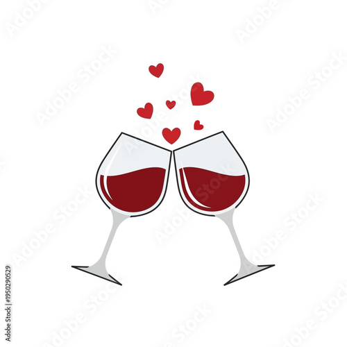 Two wine glasses clinking with red wine and hearts floating up, romantic toast