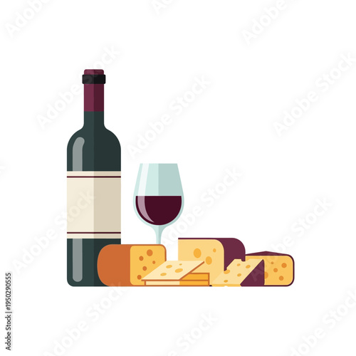 Wine and Cheese Pairing: A Bottle of Red Wine and Assorted Cheeses on a White Background