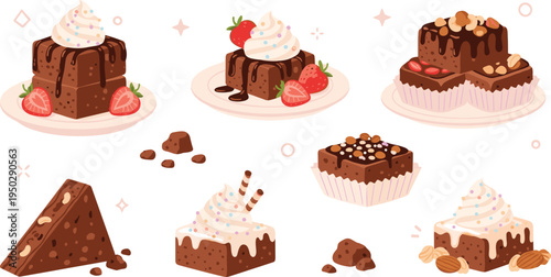 Delicious assortment of chocolate brownie vector illustrations featuring whipped cream strawberries nuts and chocolate drizzle in a cute flat design style.