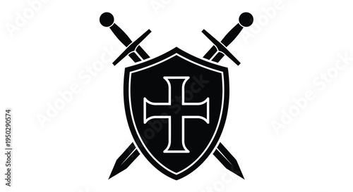 A stark black and white illustration depicts two crossed swords behind a shield adorned with a prominent cross symbol