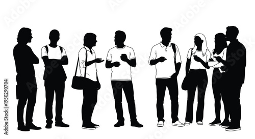 A group of diverse individuals are shown in silhouette engaged in conversation and interaction at an event high quality