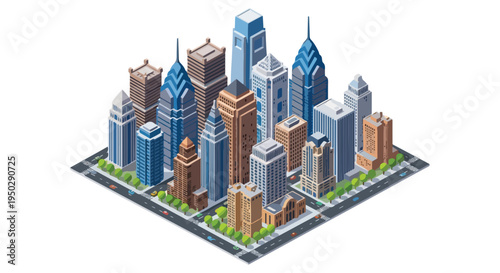 Isometric illustration of a cityscape with various skyscrapers and buildings in shades of blue, brown, and gray, set against a white background.