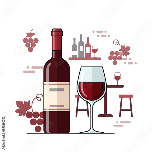 Red Wine Bottle and Glass with Grapes and Bar Scene