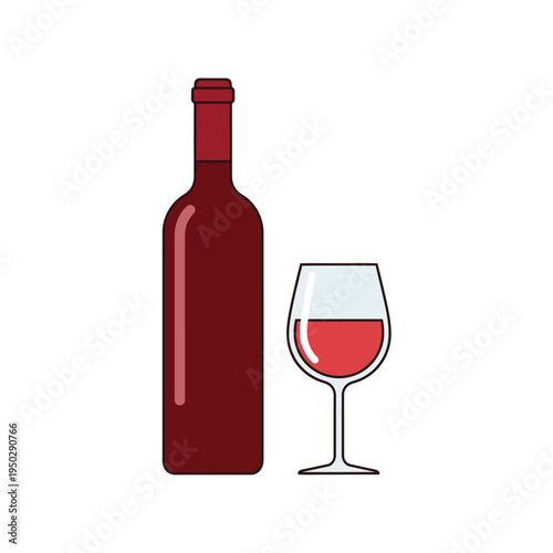 Red Wine Bottle and Glass, Minimalist Flat Design