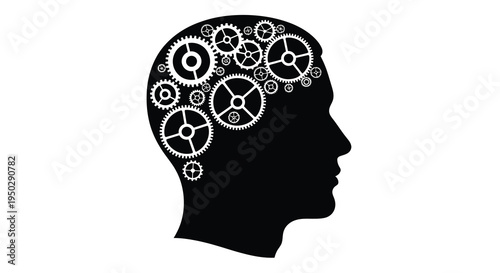 A silhouetted human head profile is filled with numerous interlocking gears symbolizing thought and complex mental processes high quality