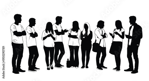 A group of diverse individuals stand closely together silhouetted against a stark white background suggesting connection high quality professional