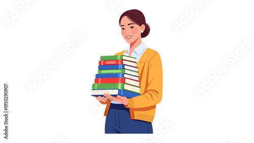 Librarian’s Literary Load: A smiling woman, presumably a librarian, cradles a tall stack of books, radiating knowledge, passion, and a love for reading.