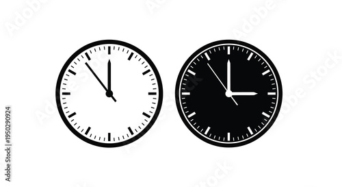 A pair of analog clocks are displayed one with a white face and one black both showing different times