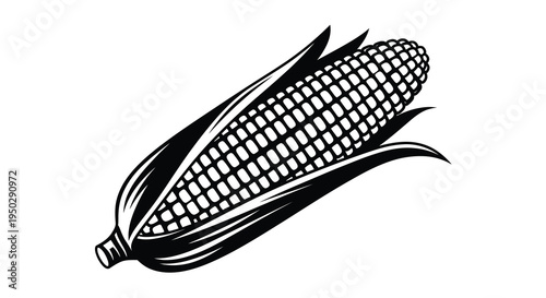 A detailed black and white illustration showcases a single ear of corn with husk leaves gracefully extending outwards high quality professional