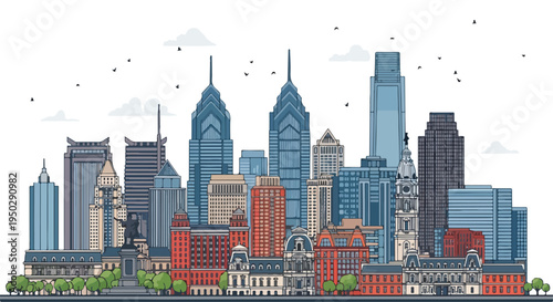 Illustration of Philadelphia city skyline with skyscrapers and buildings in a flat, colorful style against a white background.
