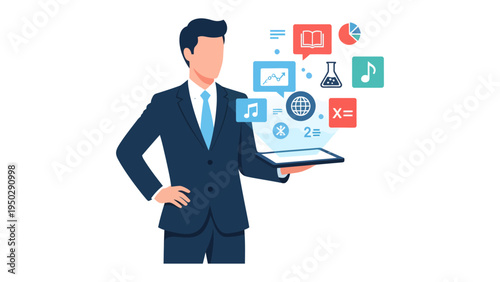 Conceptual Business Intelligence: An illustrated businessperson holds a digital device, showcasing an array of knowledge icons suggesting the modern pursuit of information and insights.
