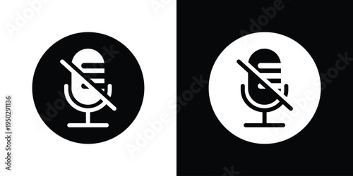 Microphone with a slash mute symbol in a solid circle. Vector icon representing audio off, silent mode, and microphone disabled. Essential UI element for video calls and conferencing apps.