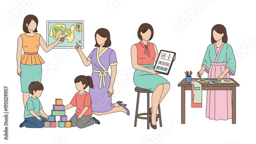 Child Education: An illustration shows the essence of child education, depicting various scenes where educators engage with young students. These moments encompass learning, discovery.