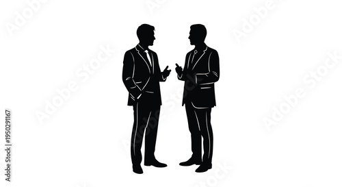 Two businessmen in suits are silhouetted against a white background appearing to engage in a serious discussion high quality