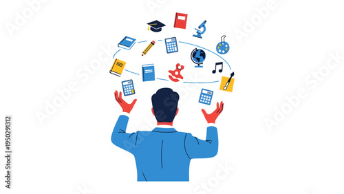 Knowledge Navigator: An individual, symbolizing a mentor or guide, orchestrates a diverse array of academic elements, showcasing the art of education.