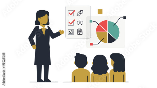 Business Presentation: A confident businesswoman presents data analysis and strategy to an engaged audience, using charts and diagrams to illuminate insights and drive informed decision-making.