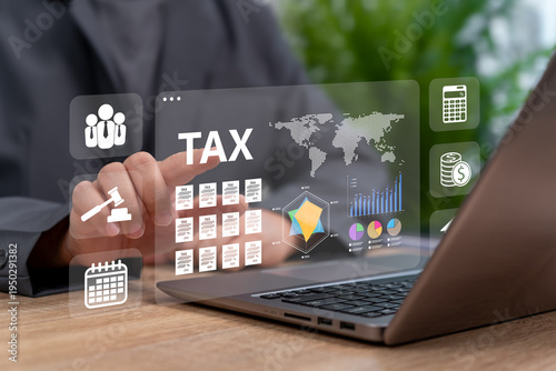 Annual Tax Calculation Online Tax Filing Concept, Businessman Reviewing Financial Documents, Statistics for Personal, Corporate Tax Compliance, Accounting Records, Deductions, Legal Payment Management
