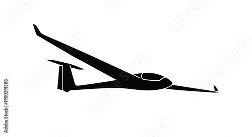 A stark black silhouette depicts a glider airplane in flight showcasing its streamlined form and elegant wingspan high quality