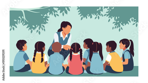 Nurturing Young Minds: A dedicated educator connects with a group of diverse children in an outdoor learning setting, fostering curiosity and building a foundation for growth.