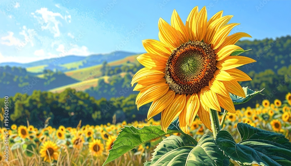Obraz premium Vibrant Sunflower Field Under a Bright Blue Sky with Rolling Hills in the Background.
