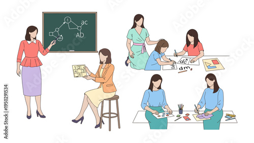 Teacher's Lesson and Classroom Activities: A visual representation of a female teacher in various classroom settings, from lecturing to guiding students, all engaged in learning.
