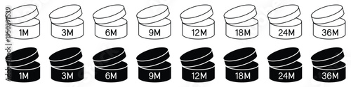 Period after open icons collection. PAO cosmetic icon set vector. 1m, 3m, 6m, 9m, 12m, 18m, 24m, 36m period after open pao icon sign flat style design. Vector illustration.  