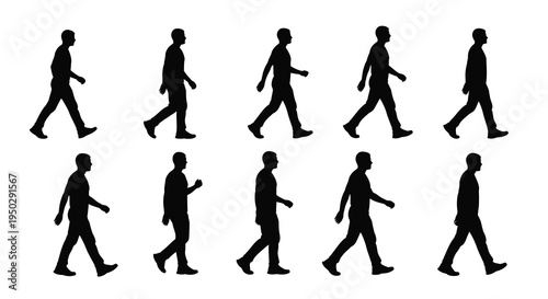 A series of black silhouettes depicts ten men in various walking poses showcasing a dynamic sequence of motion