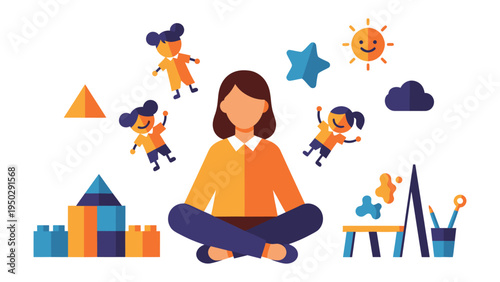 Imagination Unleashed: A teacher sitting in the middle surrounded by children, star, sun, cloud, brush, painting