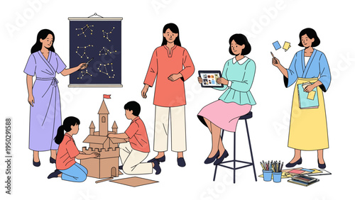 Creative Learning: A group of individuals is immersed in a variety of activities centered around learning and creativity, including astronomy, painting, crafting, and digital media.