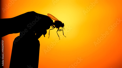 Black silhouette of insecticide aerosol spray can killing a flying house fly insect representing pest control services home hygiene and extermination