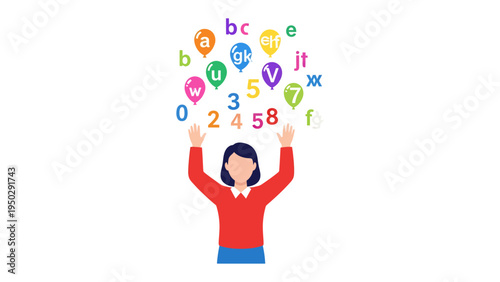 Knowledge Empowerment: A representation of education. A woman reaching out to the letters and numbers.