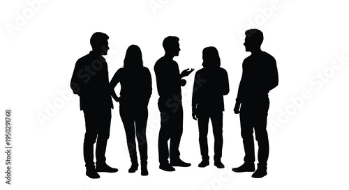 A group of five individuals are depicted in silhouette seemingly engaged in conversation and interaction high quality professional detailed