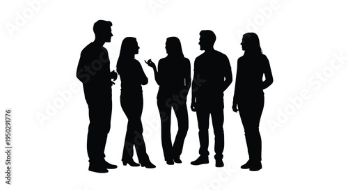 A group of five individuals are engaged in conversation appearing as silhouettes against a stark white background high quality