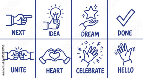 Business success and celebration hand doodle icons. Blue line art lightbulb and heart doodle symbols. EPS vector graphic UI layout presentation elements. Fist bump outline sign. 