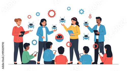 Artificial Intelligence Workshop: A group of individuals is gathered, immersed in an AI workshop, with participants exploring and engaging with robotics and technology concepts.