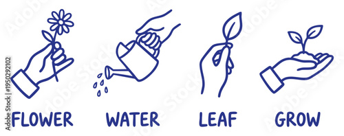Hands holding nature and plant doodle icons. Blue line art watering can and flower symbols. EPS vector illustration element set. Environmental growth outline web UI graphic. 