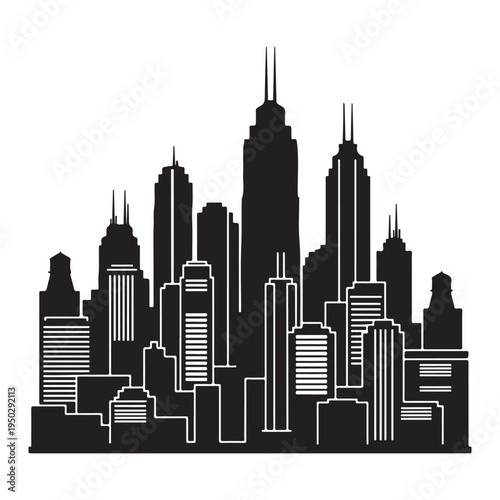 City skyline with tall buildings and skyscrapers in urban area  illustration