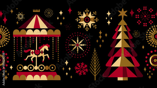 Festive folk art featuring a carousel and stylized christmas trees