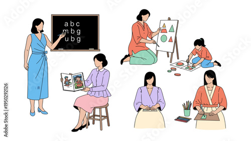 Educational Moments: A collection of educational moments showcases a teacher guiding her student in various activities, ranging from lessons to art projects.