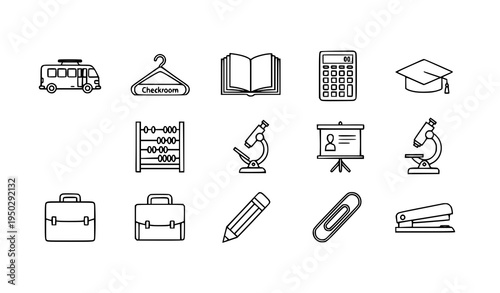 Thin line school and office tools icon collection with graduation cap microscope calculator and stationery vector