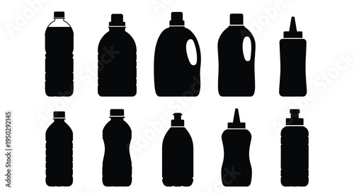A collection of black silhouette icons depicting various plastic bottles and containers arranged in two rows high quality professional