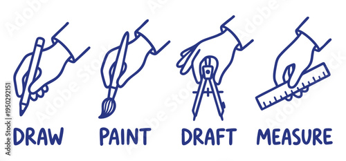 Hands holding school and work tools icons. Blue outline compass and ruler doodle set. Line art writing pencil symbols. EPS vector graphic illustration for education layouts. 